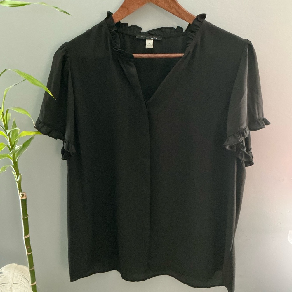 T Tahari Black Ruffle Sleeve Blouse